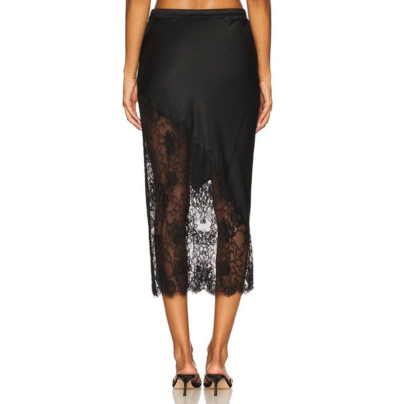 Satin Lace Trim Maxi Skirt
