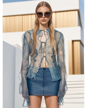 Denim Print Mesh Lace Up Top
