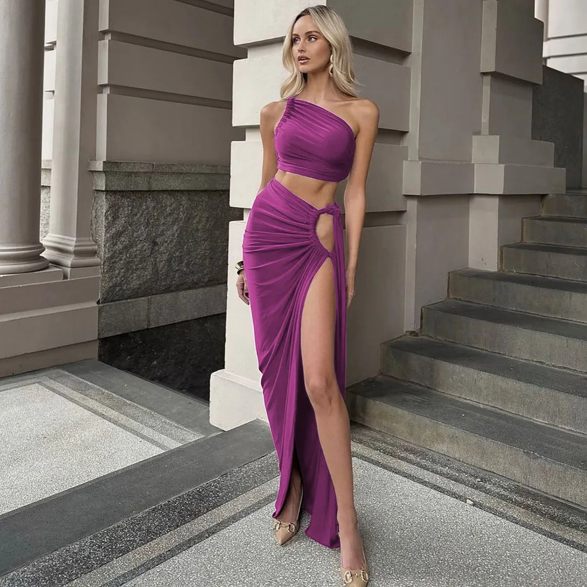 Ruched High Rise Maxi Skirt Set