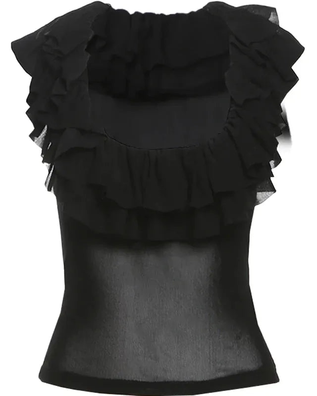Black Sheer Mesh Frilly Tank