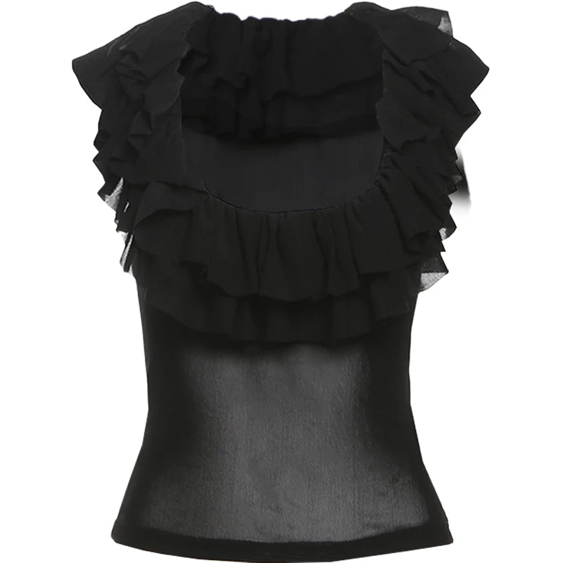 Black Sheer Mesh Frilly Tank