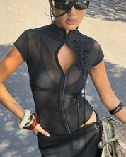 Black Sheer Mesh Tassel Top