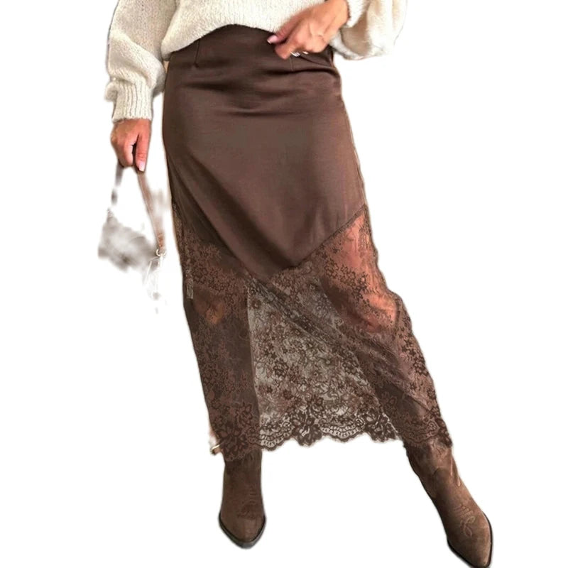 Satin Lace Trim Maxi Skirt