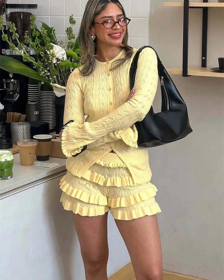 Knit Ruffled 2 Piece Short Set