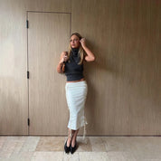 Off White Double Side Lace Up Midi Skirt