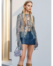 Denim Print Mesh Lace Up Top