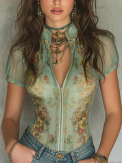 Vintage Floral Zip-up Top