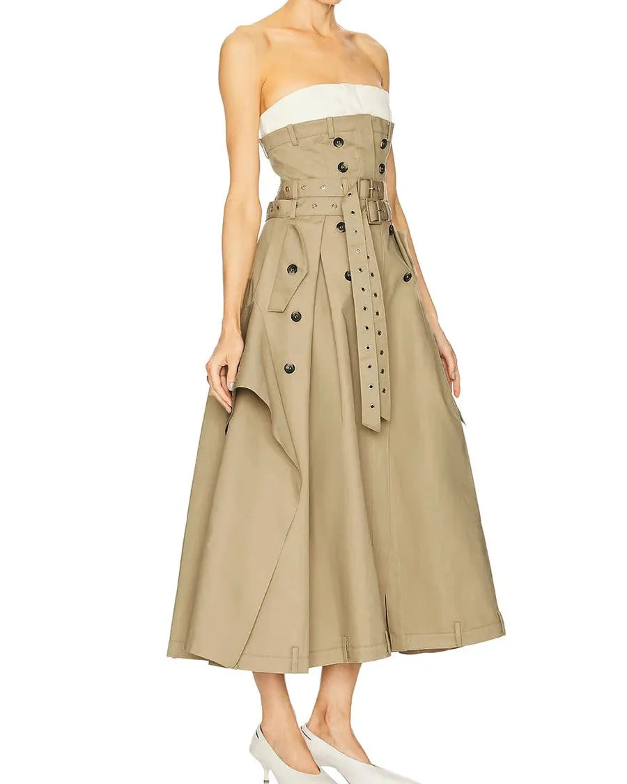 Khaki Trench Midi Dress