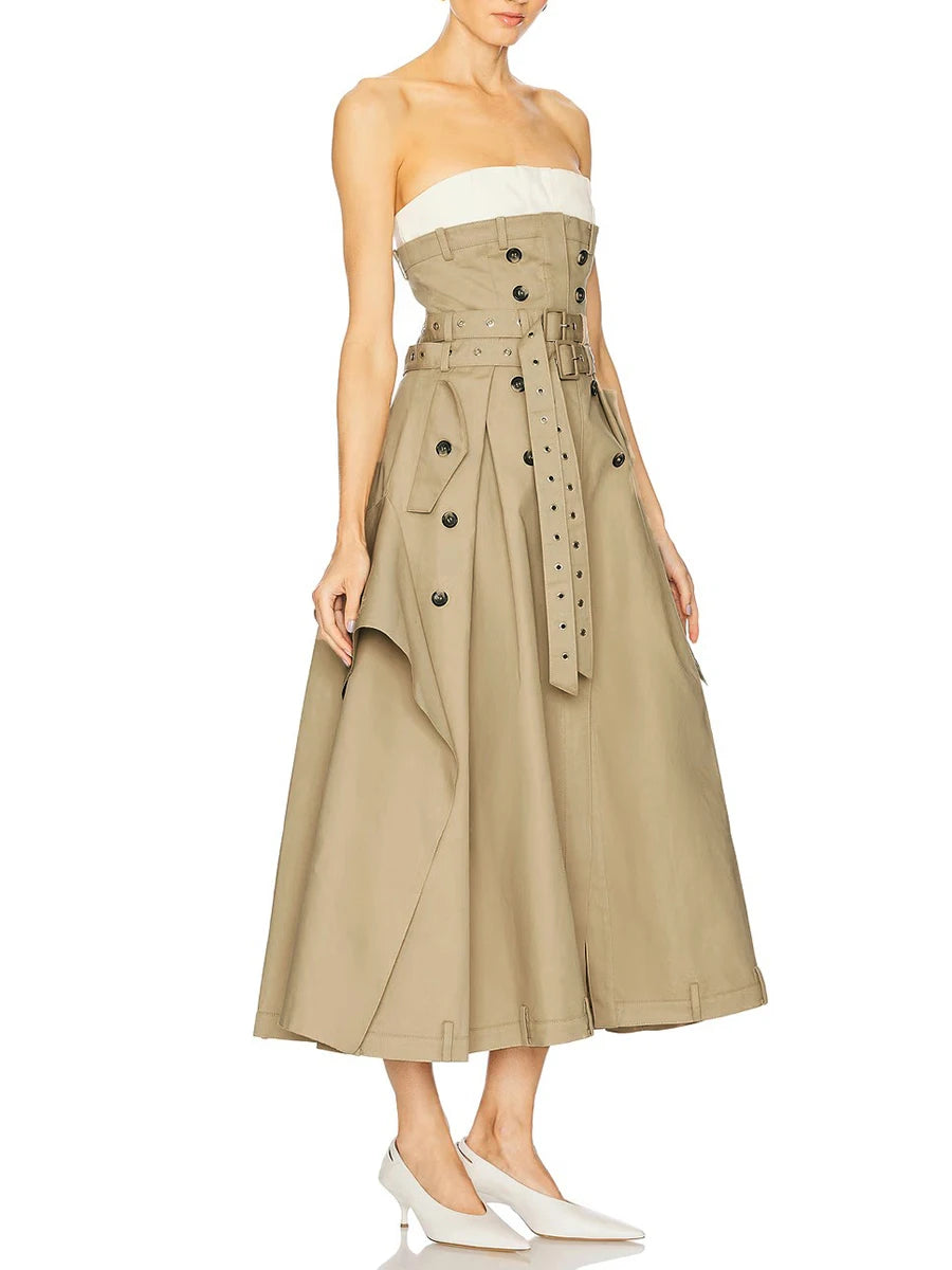 Khaki Trench Midi Dress