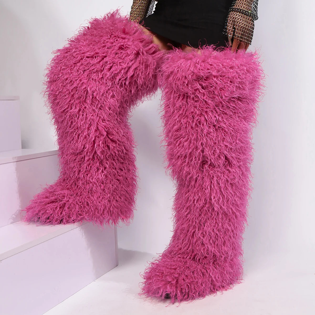 Mongolian Fur Thigh High Boots