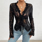 Belli Lace Up Mesh Lace Blouse