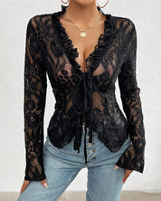 Belli Lace Up Mesh Lace Blouse