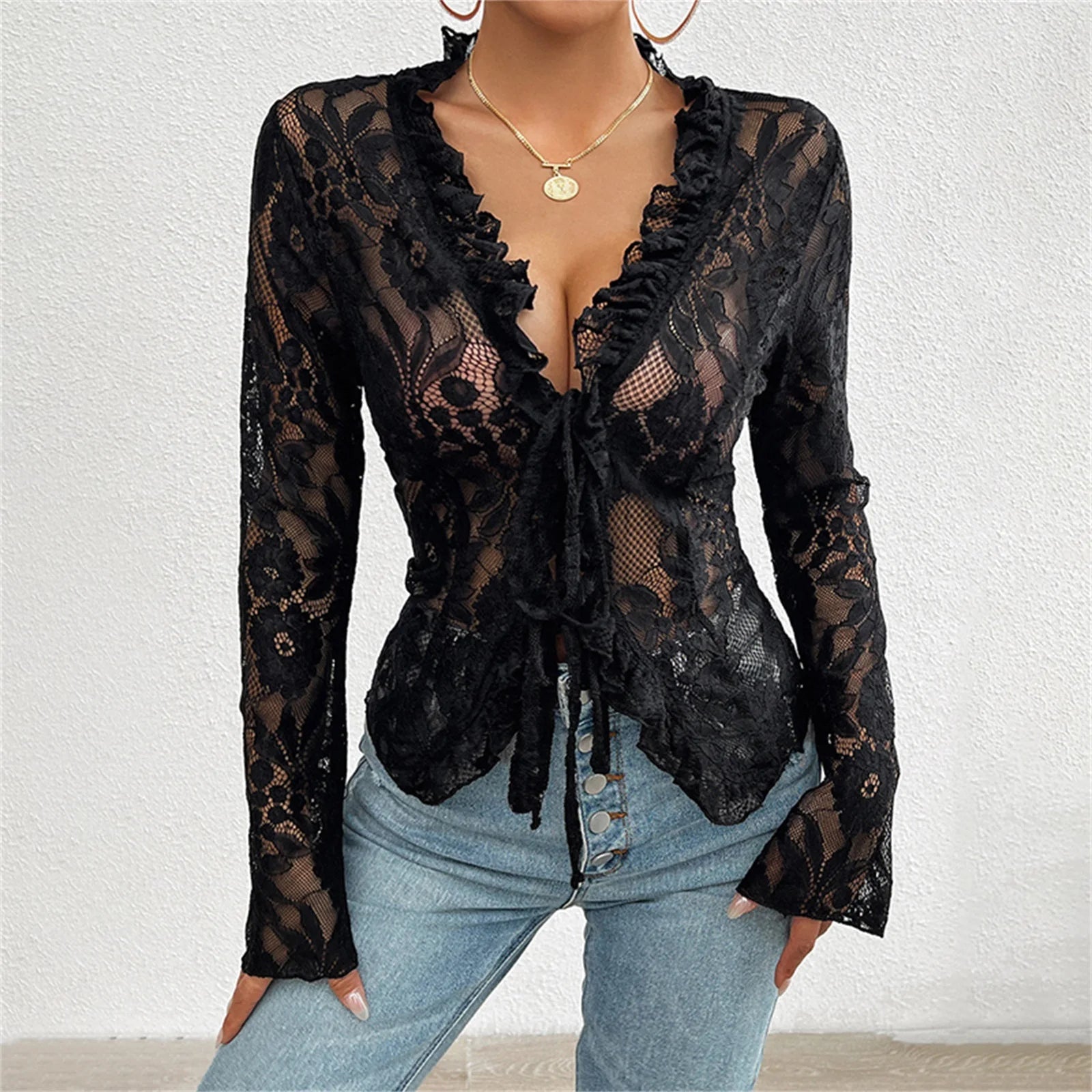 Belli Lace Up Mesh Lace Blouse