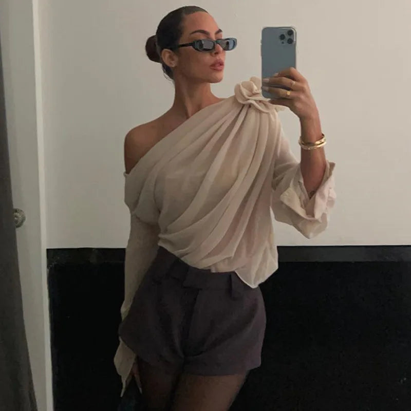 Rose Mesh One Shoulder Top
