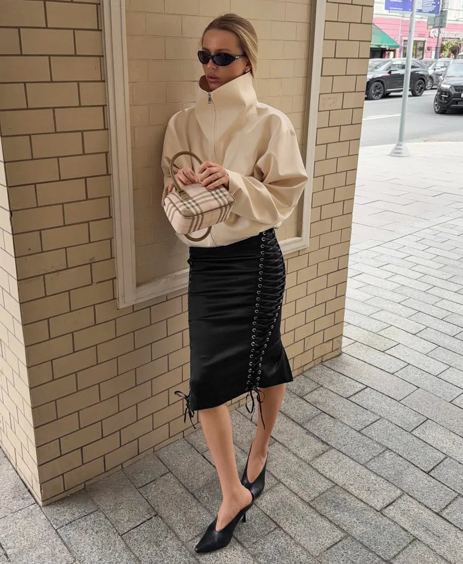 French Satin Lace Up Midi Skirt