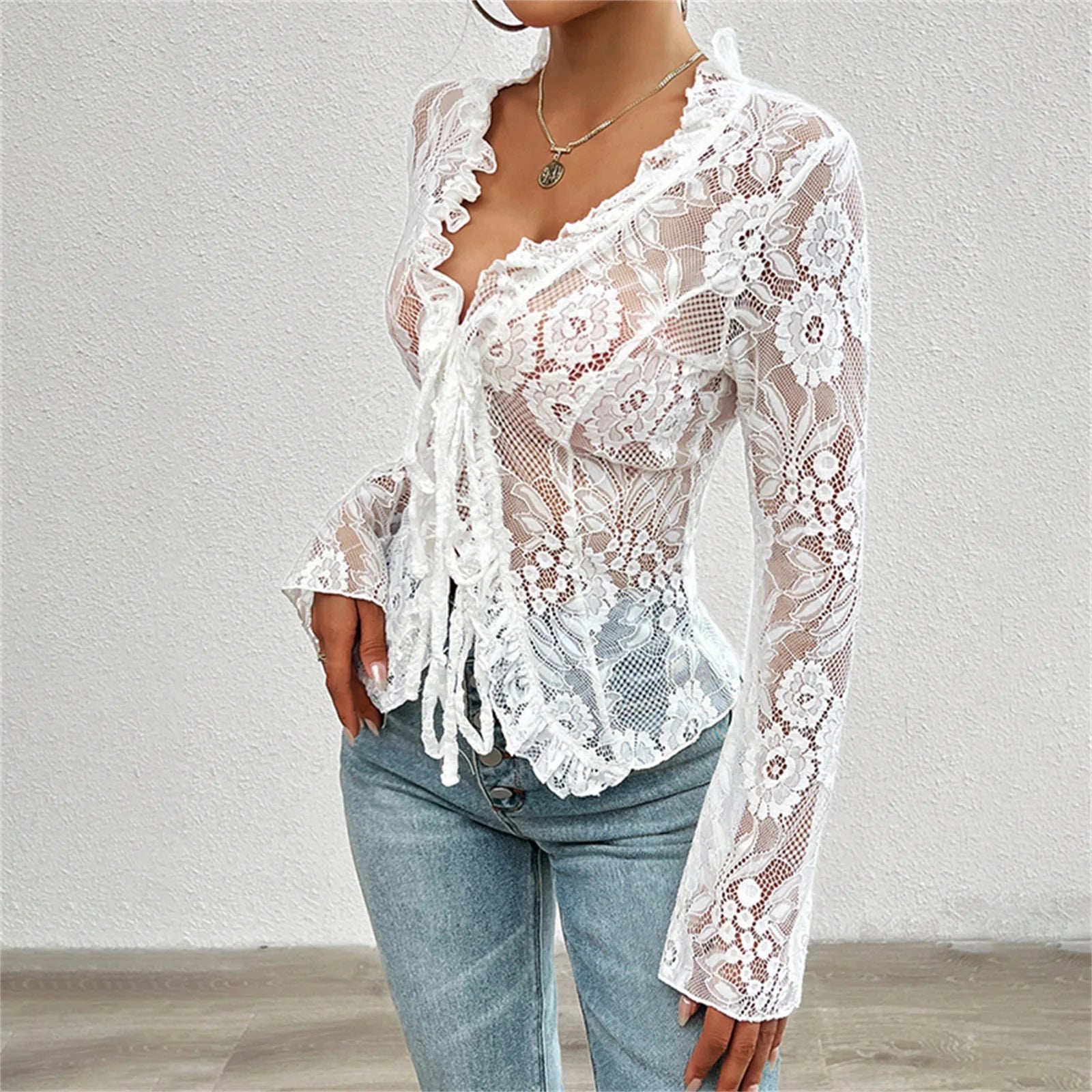 Belli Lace Up Mesh Lace Blouse