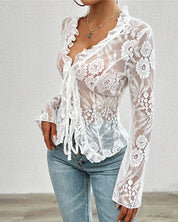 Belli Lace Up Mesh Lace Blouse