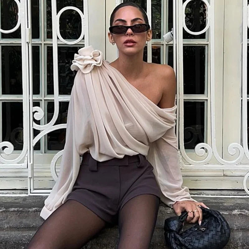 Rose Mesh One Shoulder Top
