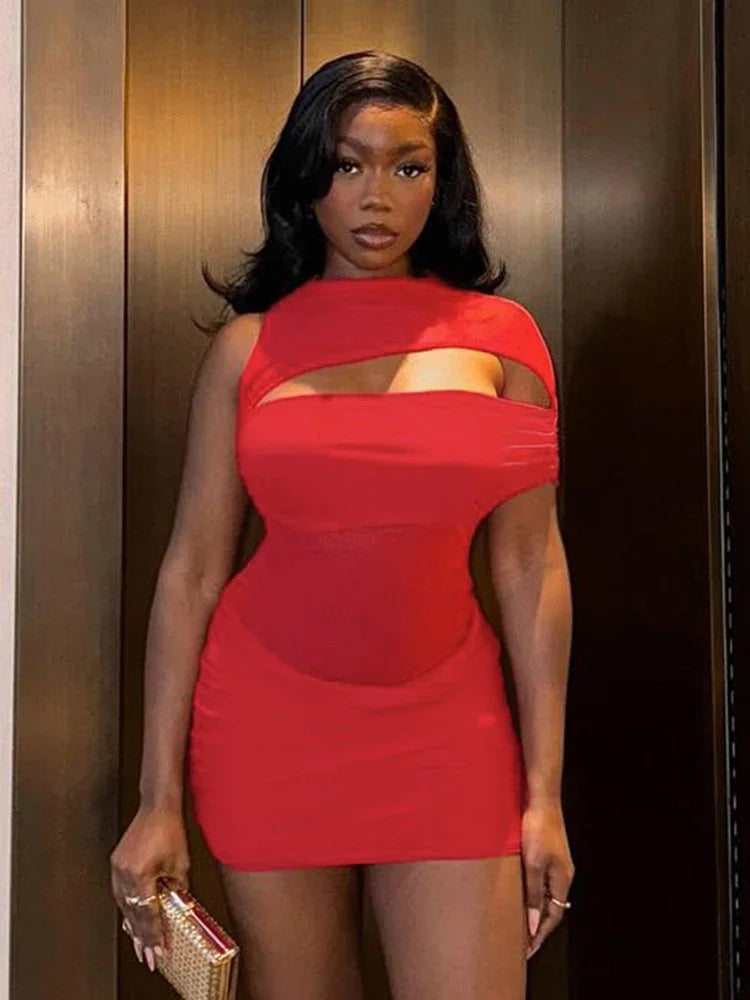 Red Off Shoulder Mesh Dress
