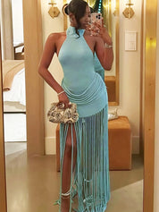 Velvet Ruched Tassel Dress