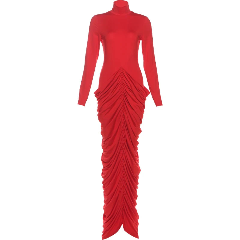 Red Ruched Backless Maxi Dress