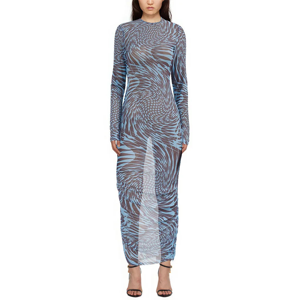 Blue Swirl Mesh Maxi Dress
