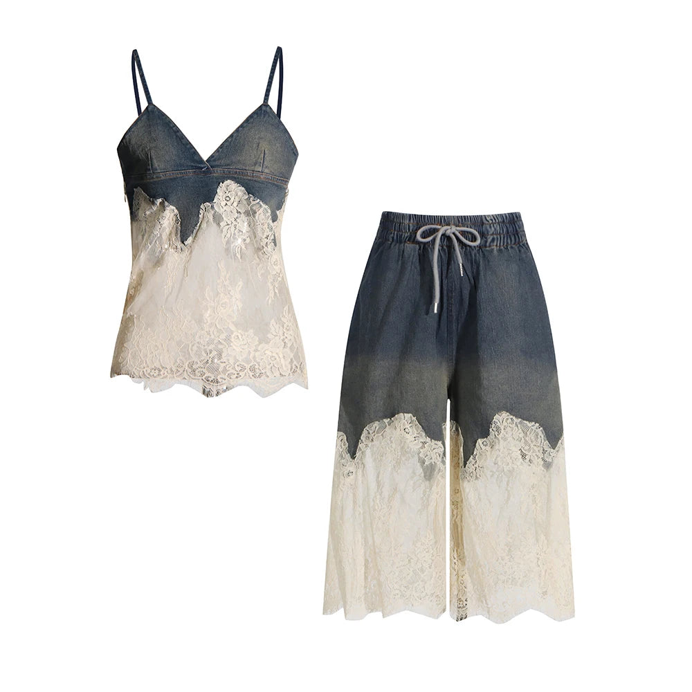 Lace Denim Two Piece Set
