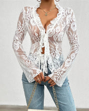 Belli Lace Up Mesh Lace Blouse