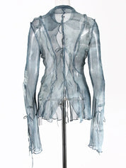 Denim Print Mesh Lace Up Top