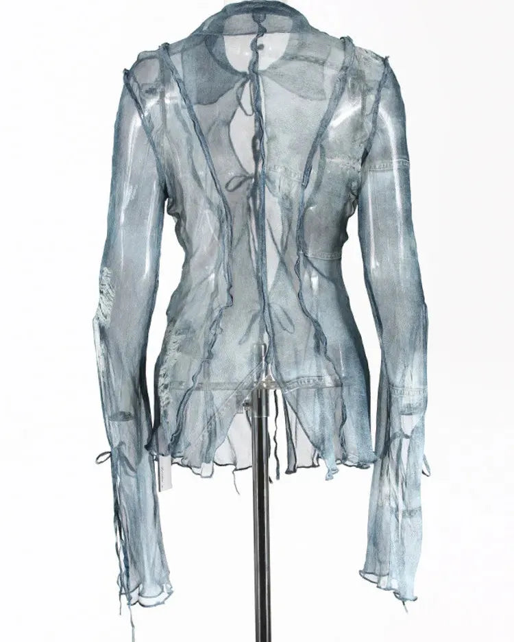 Denim Print Mesh Lace Up Top