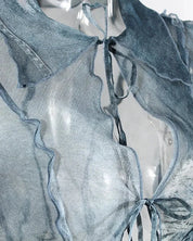 Denim Print Mesh Lace Up Top