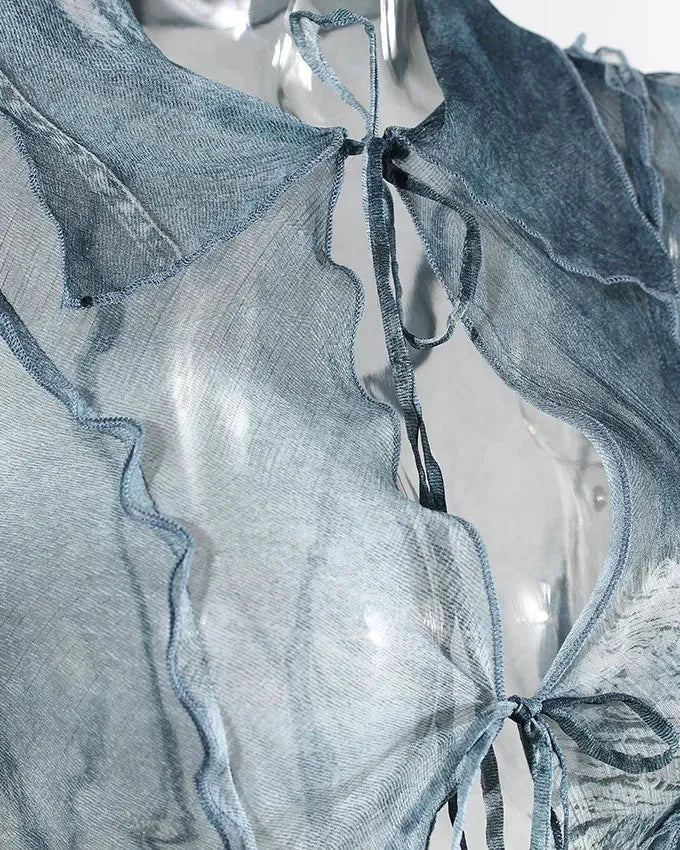 Denim Print Mesh Lace Up Top