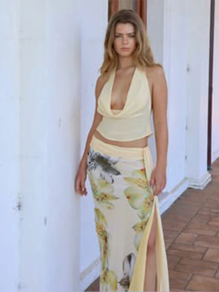 Butter Yellow Floral Skirt Set