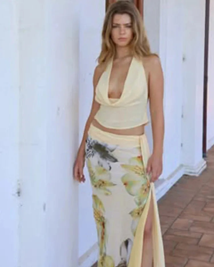 Butter Yellow Floral Skirt Set