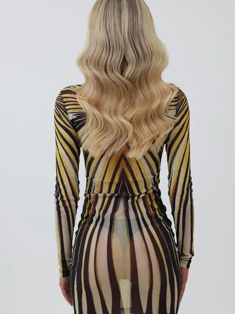 Gold Rays Sheer Mesh Mini Dress