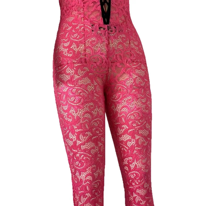 Pink Lace Halter Jumpsuit