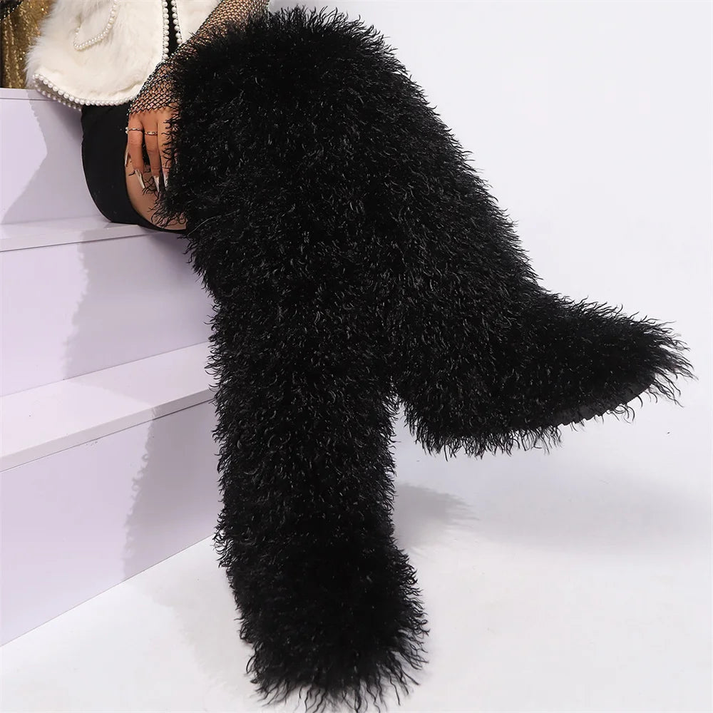Mongolian Fur Thigh High Boots