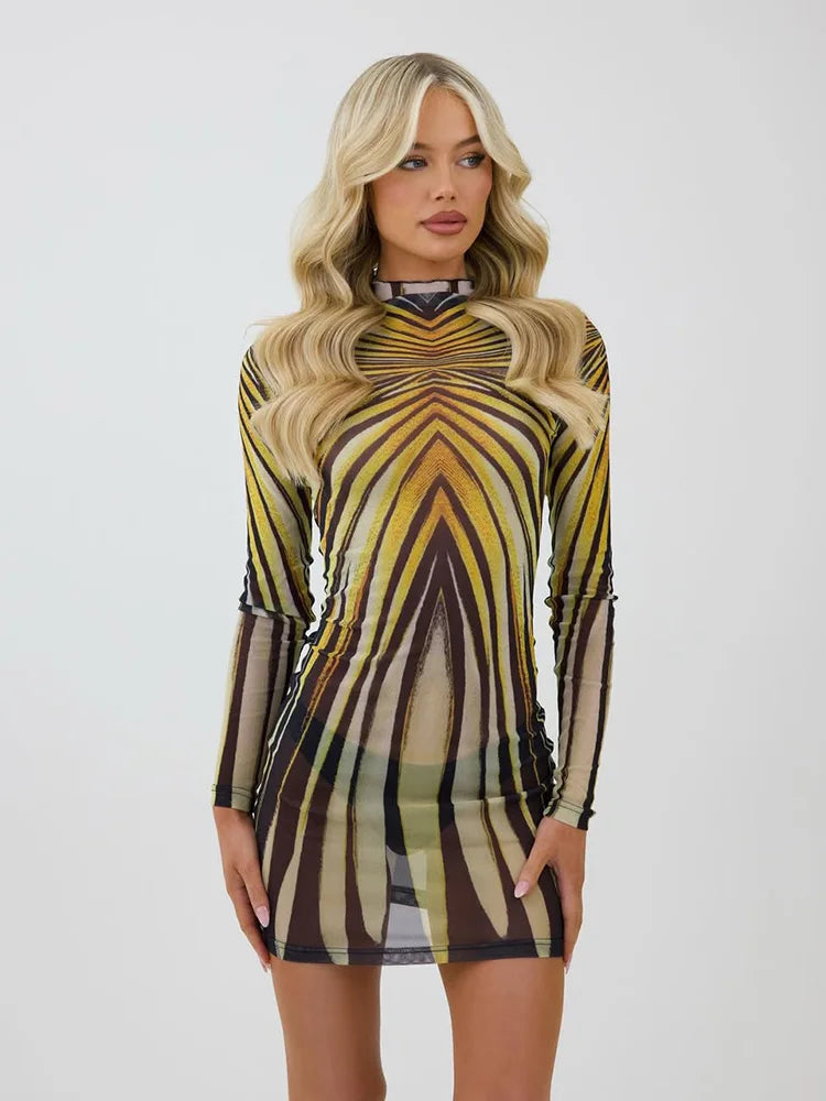 Gold Rays Sheer Mesh Mini Dress