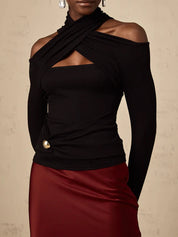 Criss Cross High Neck Knit Top