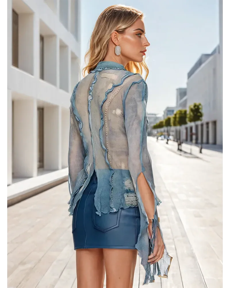 Denim Print Mesh Lace Up Top