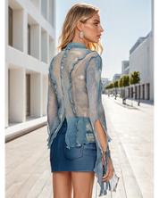 Denim Print Mesh Lace Up Top