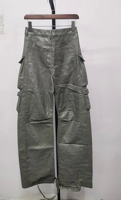 Sage Green Faux Leather Cargo Pants