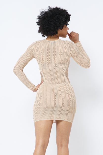 Nude Knitted Mesh Long Sleeve Mini Dress