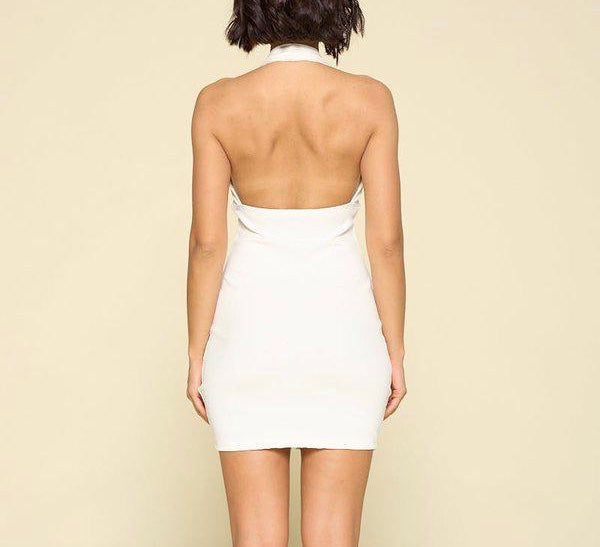 White Zip Up Mini Halter Dress
